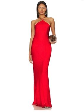 Line & Dot Red Cross-Strap Halter Maxi Gown